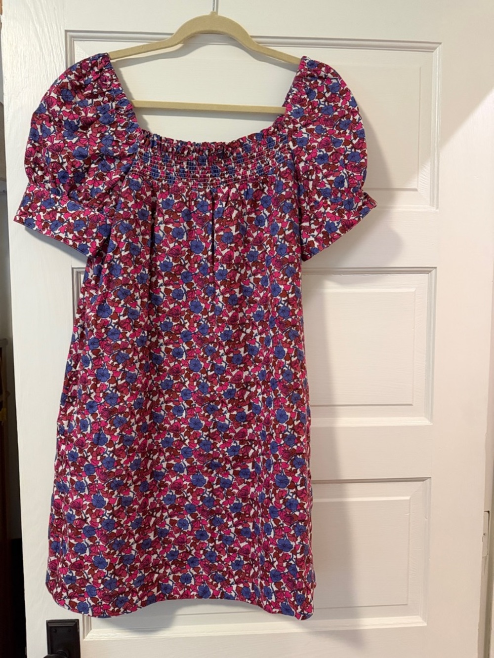 J. Crew Pink and Blue Floral Puff-Sleeve Dress